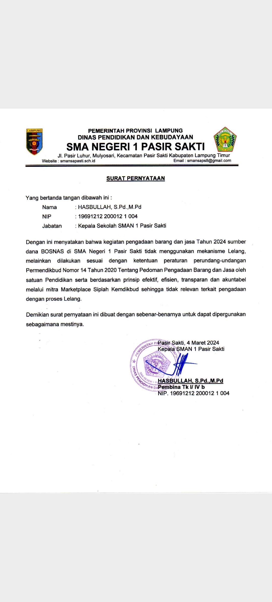 SURAT PERNYATAAN SEKOLAH TIDAK MEMAKAI MEKANISME LELANG DALAM PENGADAAN BARJAS